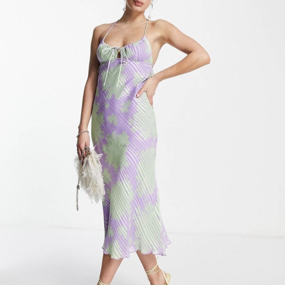 ASOS Design bias midi slip dress scoop neck satin floral print purple gr… - Picture 2 of 11